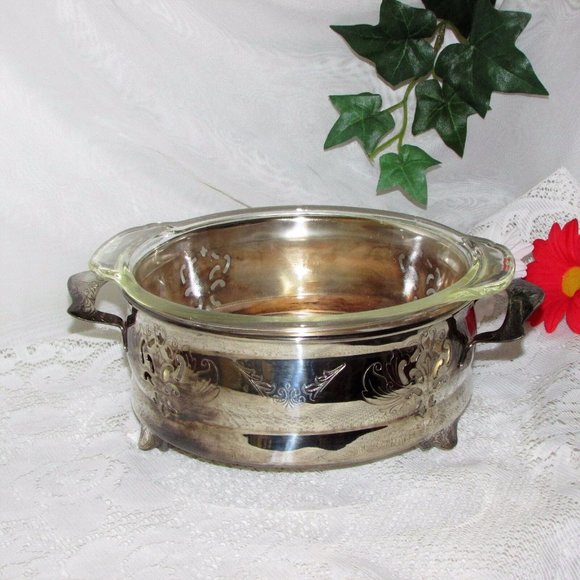 Vintage Silver Plate Casserole Dish Holder Carrier & Fire King Glass Liner - Picture 1 of 10